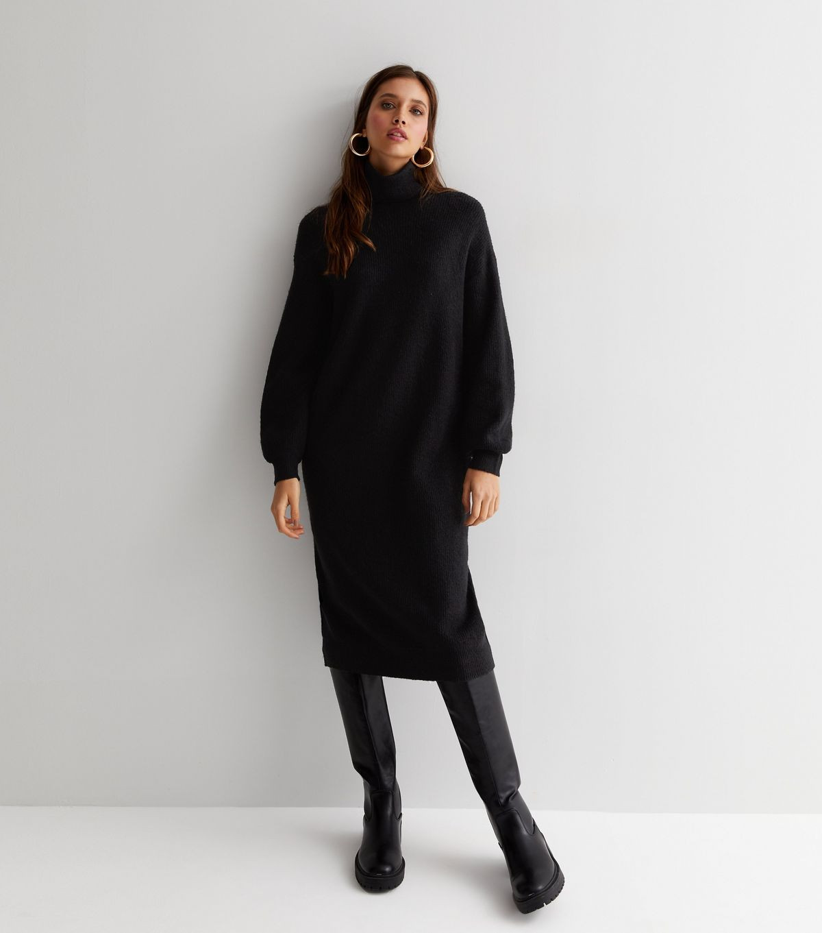 Black Ribbed Knit Roll Neck Long Sleeve Midi Dress | New Look | New Look (UK)