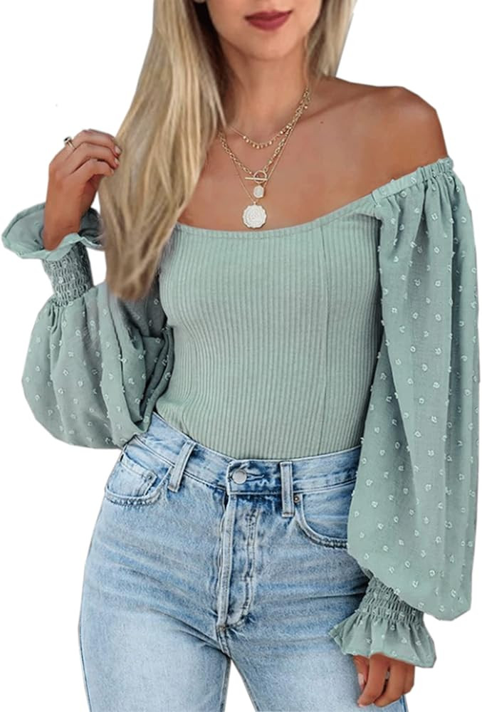 Angashion Womens Blouses Casual Long Sleeve Shirts Square Neck Tops for Women Off Shoulder Sexy S... | Amazon (US)