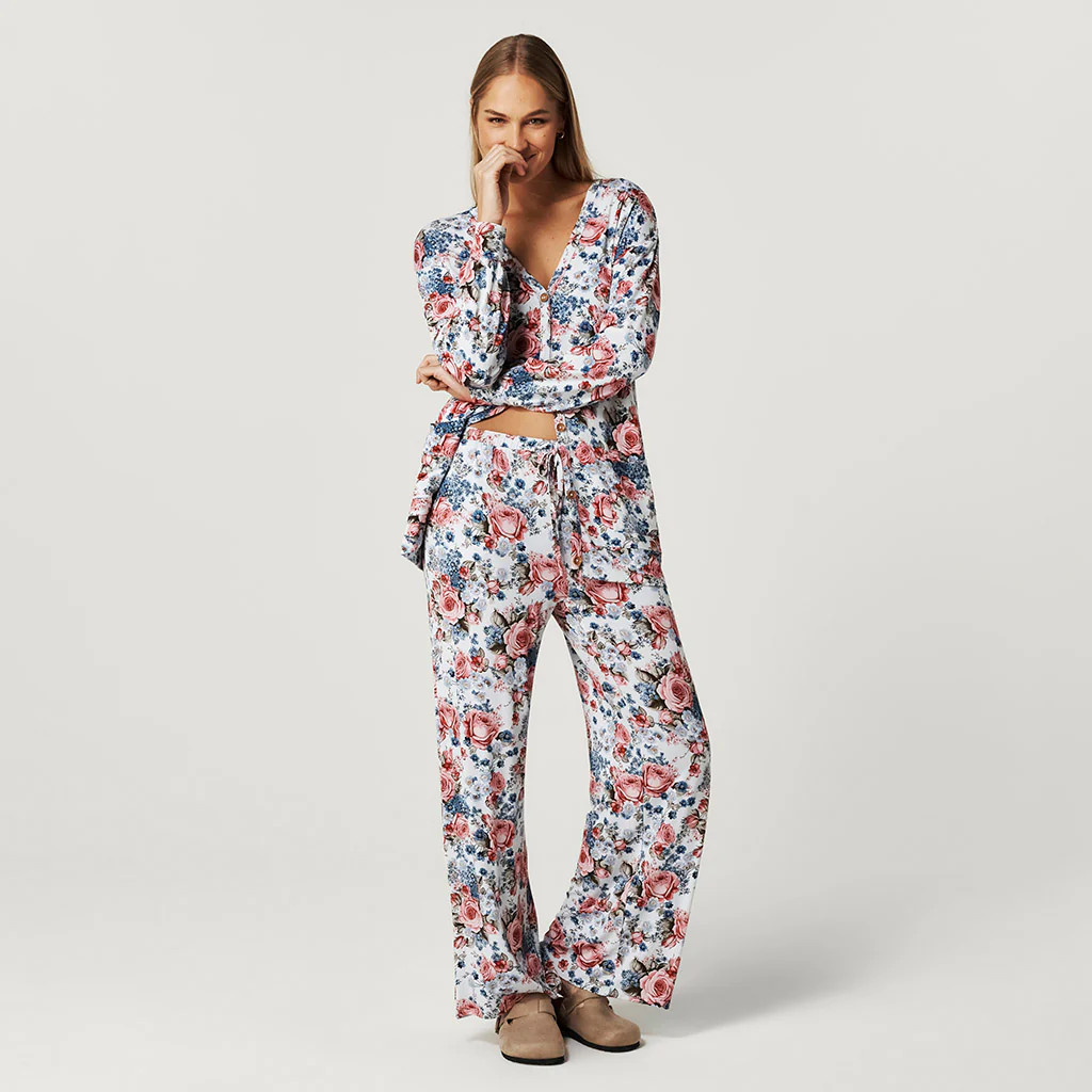 Floral Blue Long Mimi Women's Puddle Pants | Posh Peanut® | Posh Peanut