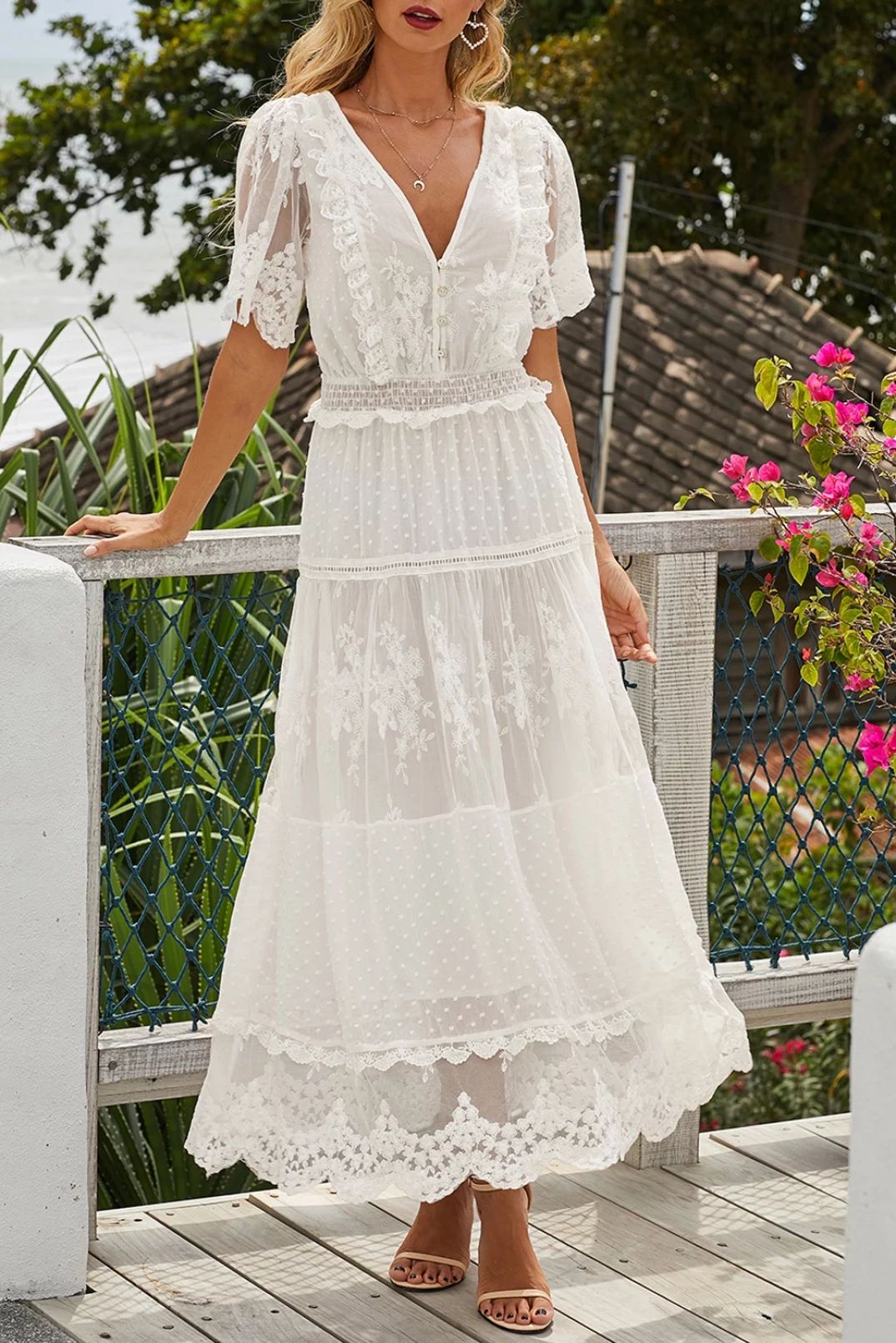 Dokotoo Womens White V Neck Short Sleeve Lace Dress Loose Maxi Evening Party Dresses Size Medium ... | Walmart (US)