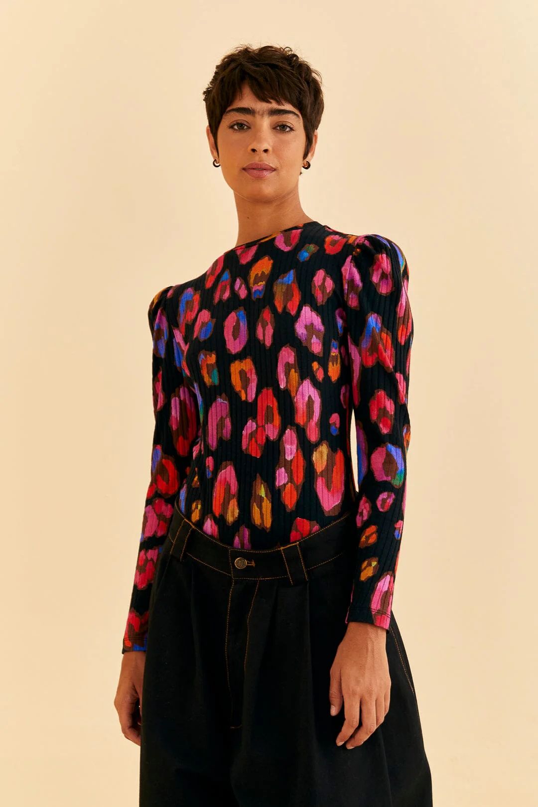 black iridescent leopards organic cotton bodysuit | FarmRio