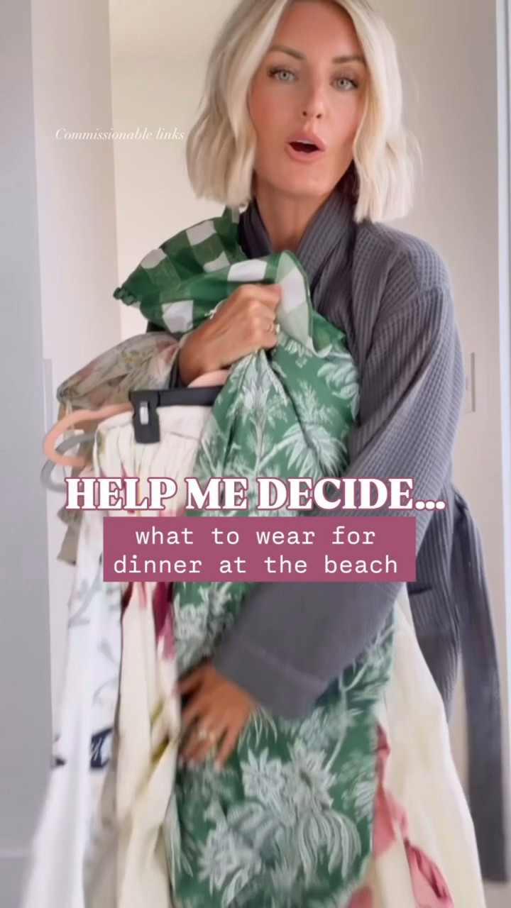 Help me decide what to wear for dinner at the beach tonight! The green dress isn’t linkable, but it’s called the Sailor Dress from Byrdie Golf! 

Loverly Grey, beach dinner outfit, vacation looks, summer dres, resort wear 

#LTKSeasonal