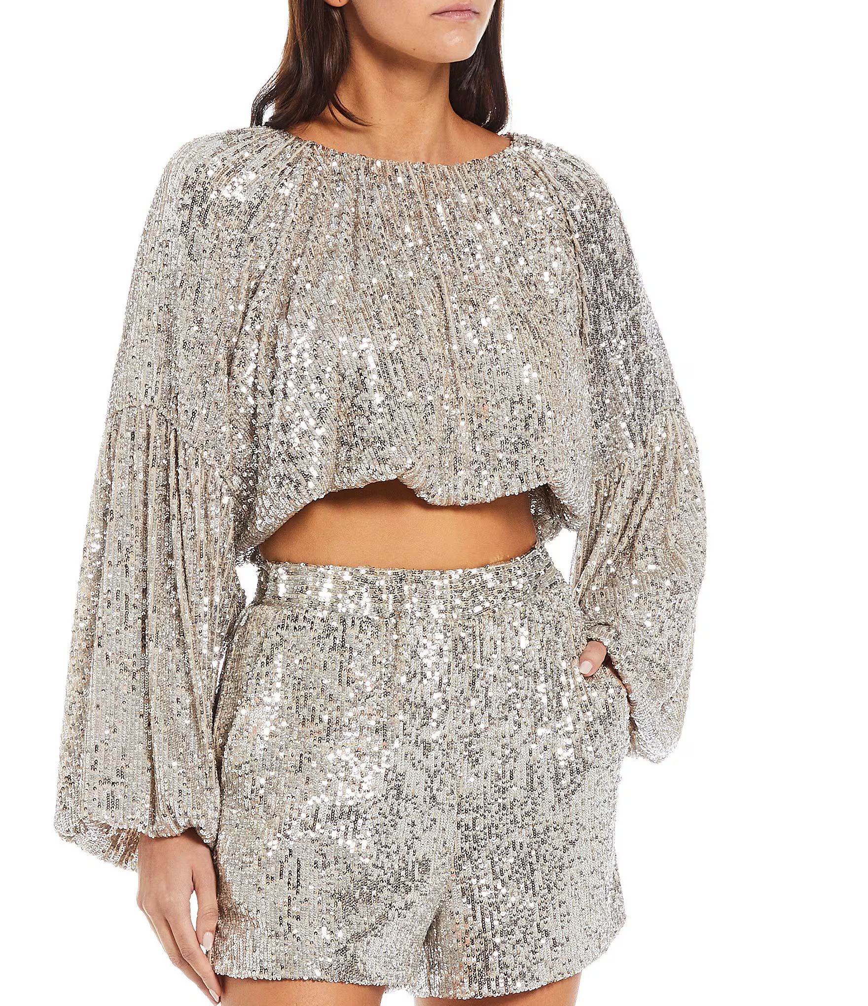 Maurissa Sequin Round Neck Long Sleeve Cropped Coordinating Blouse | Dillards