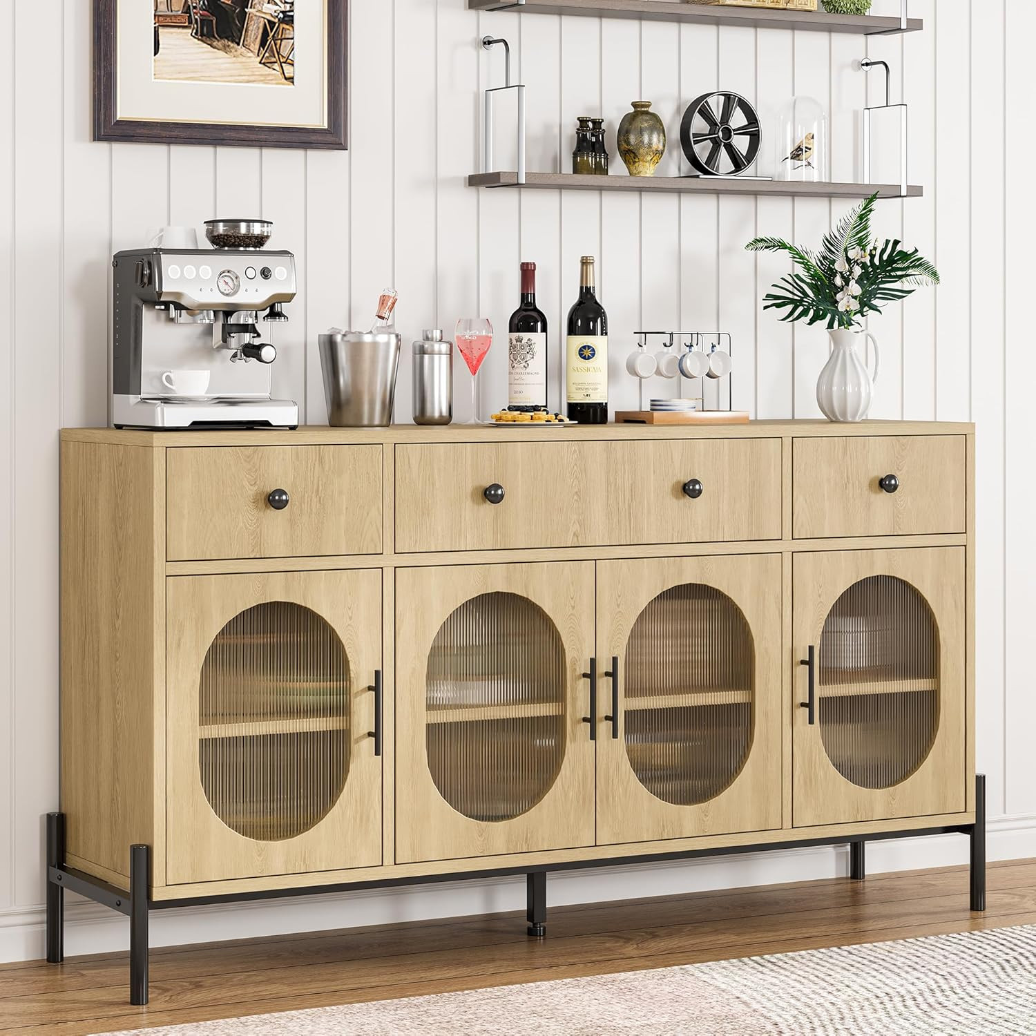 Garvee 62 inches Buffet Cabinet with Storage Large Sideboard Cabinet Coffee Bar Cabinets with 3 Drawers and 4 Fluted Glass Doors for | Lowe's