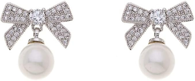 Platinum Plated Bow Tie Style Faux Pure White Pearl Statement Wedding Cocktail Party Dangle Drop ... | Amazon (UK)
