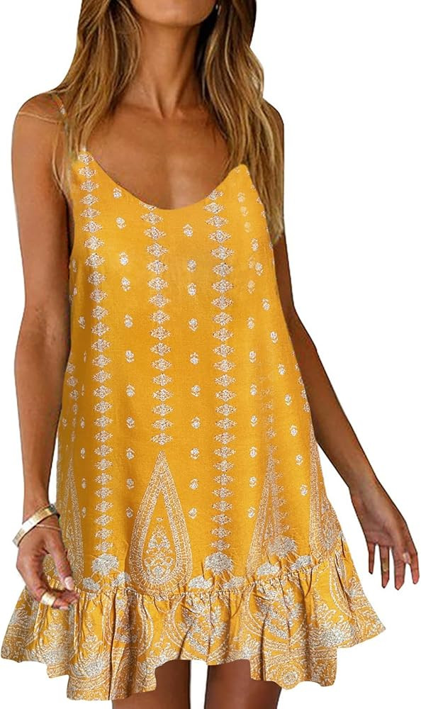 Qearal Womens Sundresses Boho Floral Printed Dress Summer Sleeveless Beach Mini Dress with Pocket... | Amazon (US)