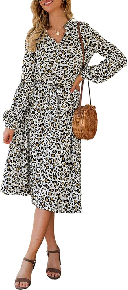 KIRUNDO 2020 Women’s Midi Leopard Dress Stylish Long Sleeves High Waist Dress Button Front Draw... | Amazon (US)
