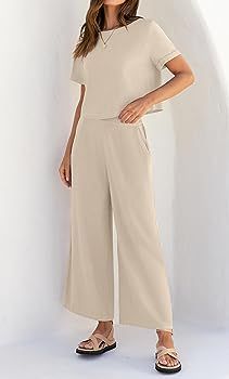 ZESICA Women's 2 Piece Outfits Linen Short Sleeve Crop Top and High Waist Pants Lounge Matching S... | Amazon (US)