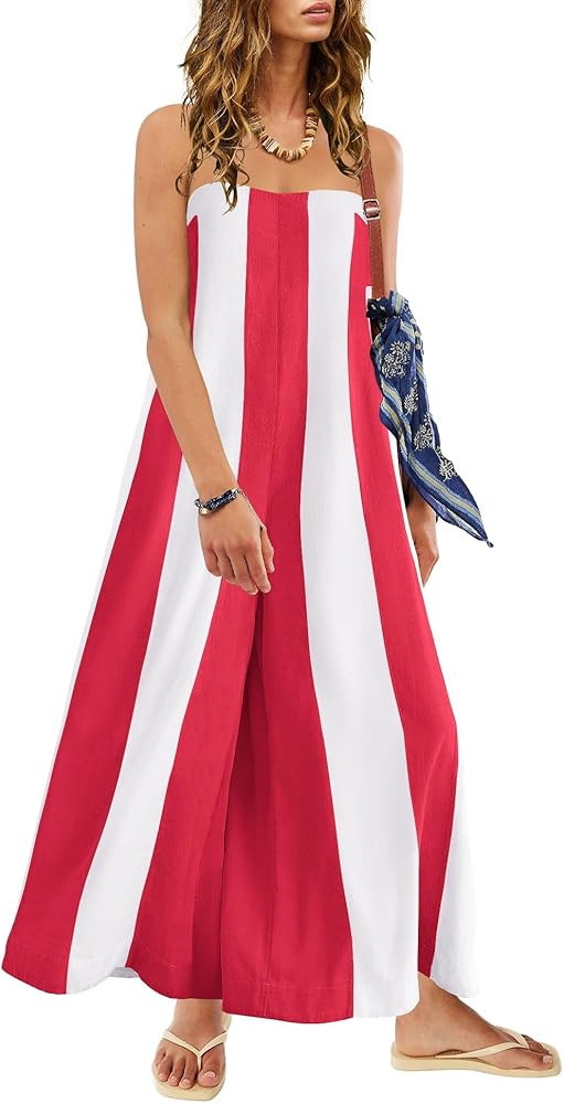 ReachMe Womens Summer Strapless Jumpsuits Striped Wide Leg Pants Romper with Pockets Travel Vacat... | Amazon (US)