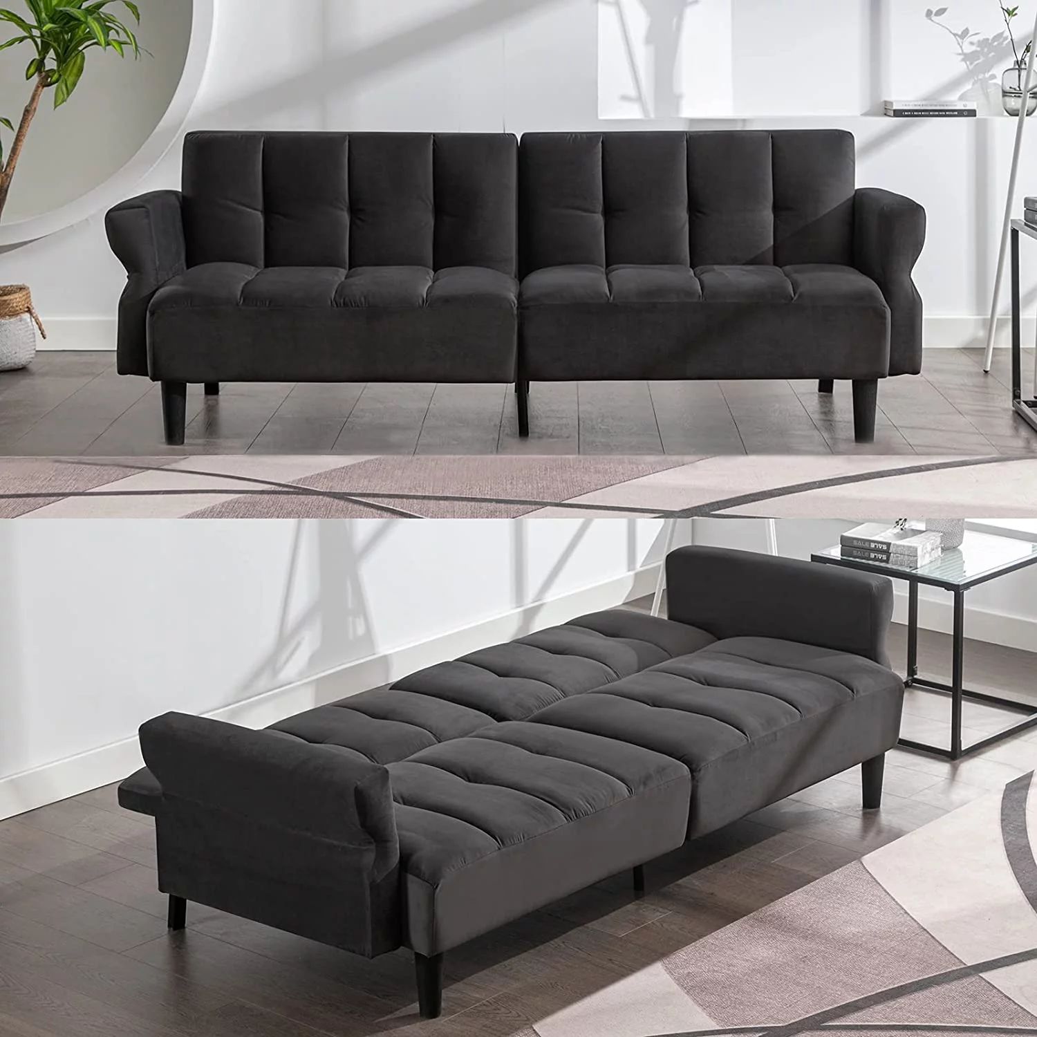 Mjkone 77" W Convertible Futon Sofa Bed, Velvet Loveseat Sleeper Sofa with Adjustable Backrest, F... | Walmart (US)