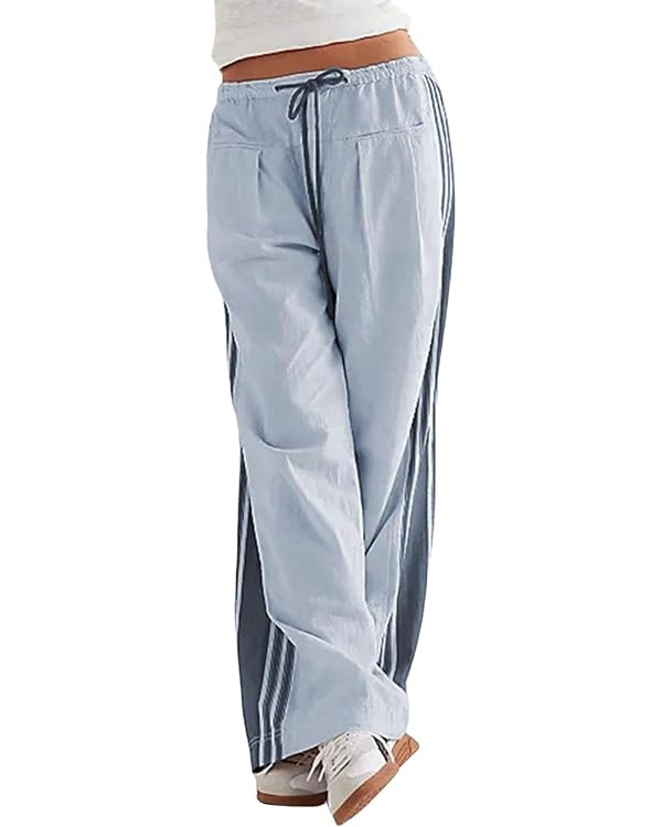 ZAFUL Women's Colorblock Straight Casual Pants Drawstring Slouchy Palazzo Pant Side Striped Loung... | Amazon (US)
