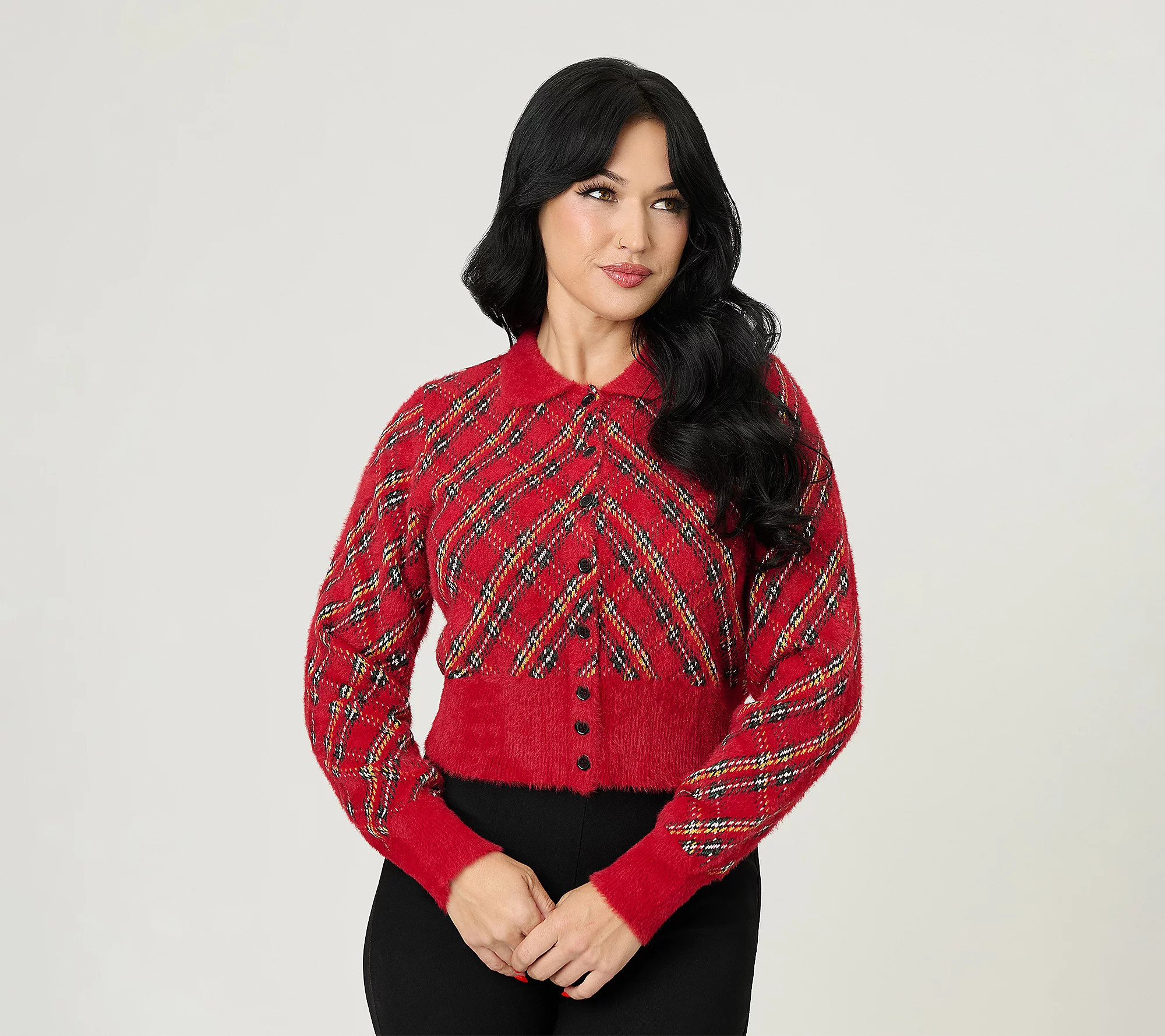 Unique Vintage Red Plaid Long Sleeve Cardigan | QVC