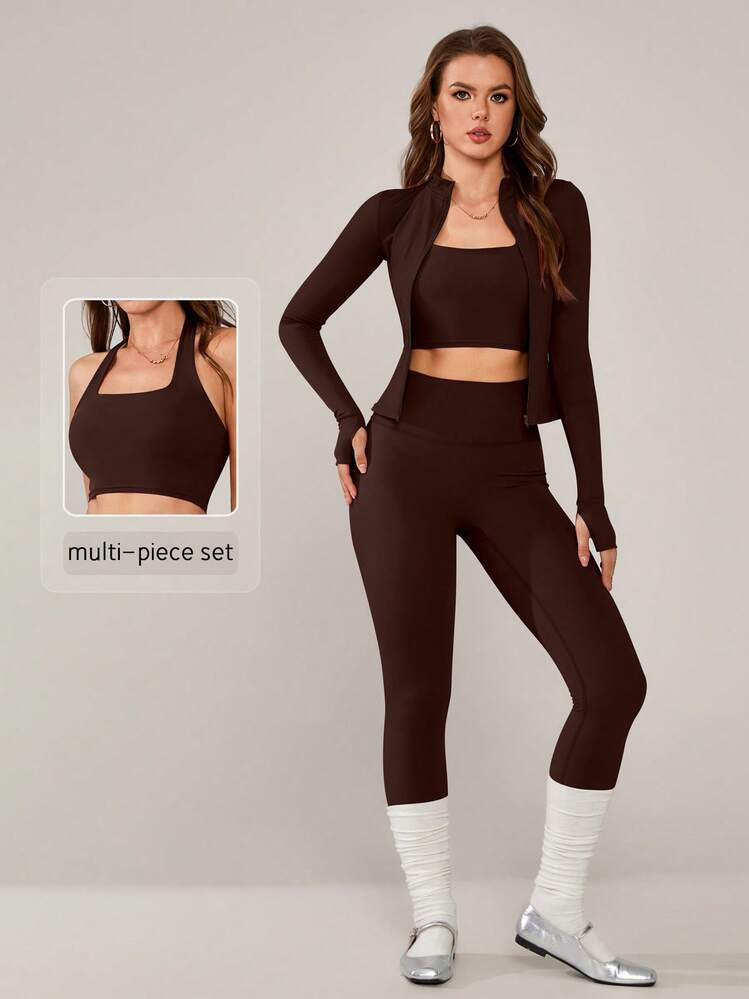 NcmRyu 3pcs Women Seamless Comfortable Casual Slim-Fit Solid Color Stand Collar Zipper Shaping Lifting Tight-Fitting Cropped Outdoor Fitness Workout Running Yoga Long Sleeve Top, Leggings & Sports Bra Set | SHEIN