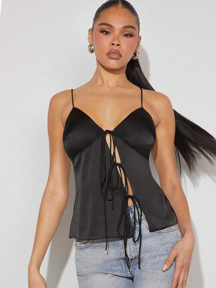 SHEIN Haute Women's Fall Black Deep V-Neck Tie Front Asymmetric Satin Cami Top, Sexy Going Out To... | SHEIN