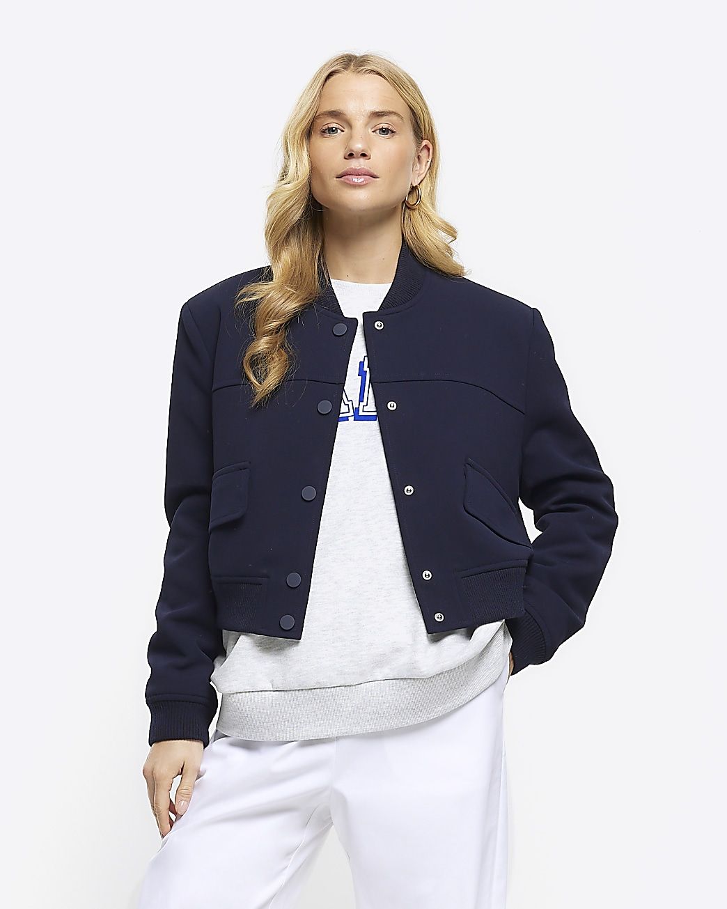 Navy tailored crop bomber jacket | River Island (UK & IE)