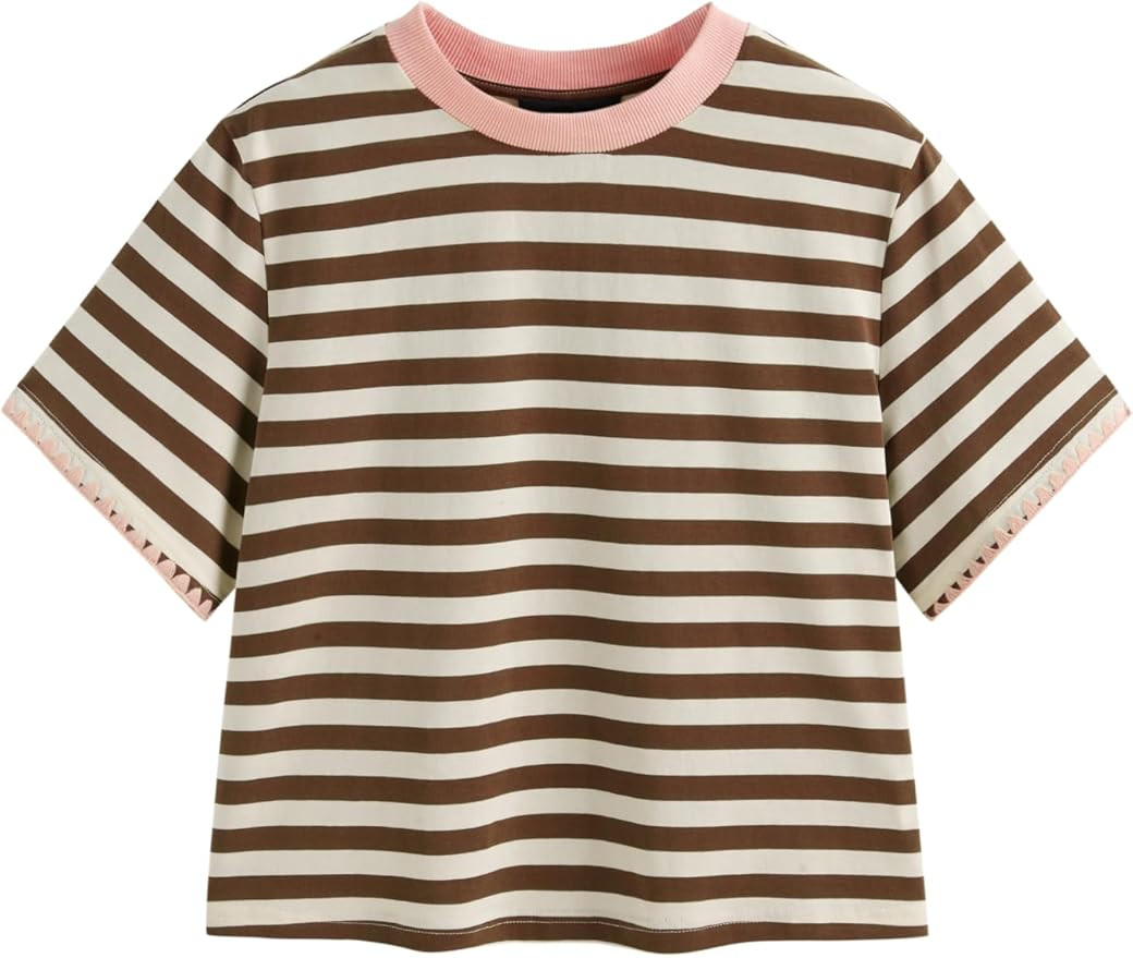 CIDER Women Stripe Crop Boxy Top Oversized Summer Crew Neck T-Shirt Cotton-Blend Short Sleeve Tee | Amazon (US)