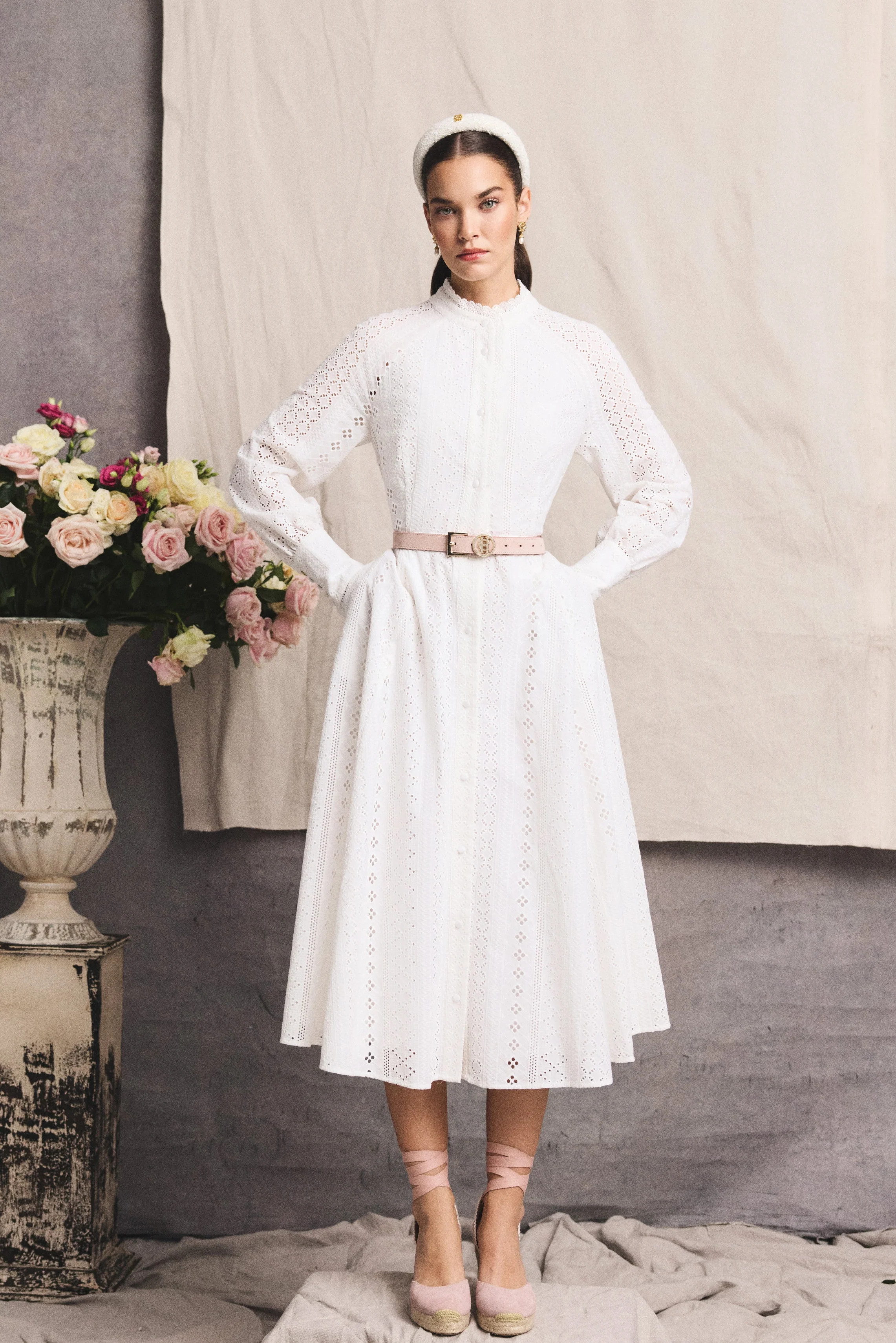 Aimee Collarless Broderie Dress (White) | Holland Cooper
