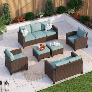 PHI VILLA Dark Brown Rattan Wicker 9 Seat 6-Piece Steel Outdoor Sectional Set with Blue Cushions and 2 Ottomans | The Home Depot