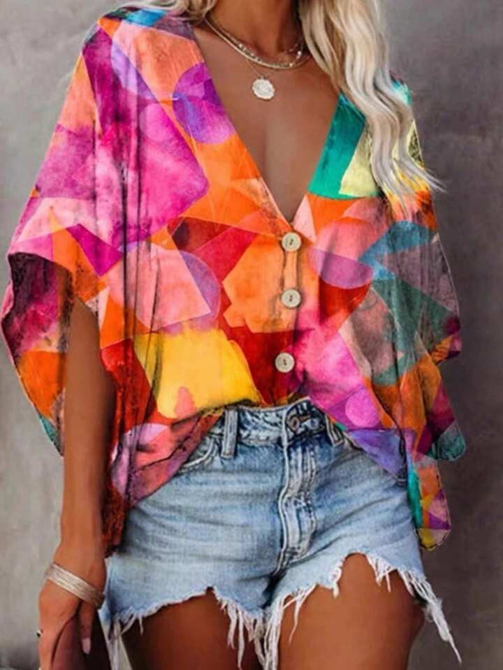 SHEIN LUNE V-Neck Batwing Sleeve Loose Fit Color Block Geometric Print Shirt | SHEIN