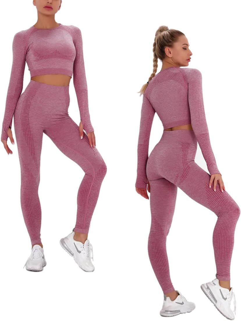 LANSWE Workout Outfit for Women 2 Piece Butt Lifting Gym Yoga Sets - Seamless Long Sleeve Jacquar... | Amazon (US)