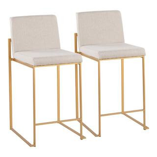 Fuji 35.5 in. Beige Fabric and Gold Steel High Back Counter Height Bar Stool (Set of 2) | The Home Depot