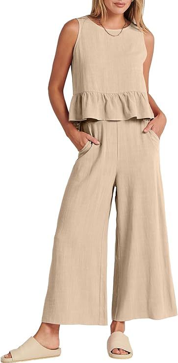 ANRABESS Women's Summer 2 Piece Outfits Sleeveless Ruffle Tank Crop Top & Wide Leg Pants Lounge S... | Amazon (US)