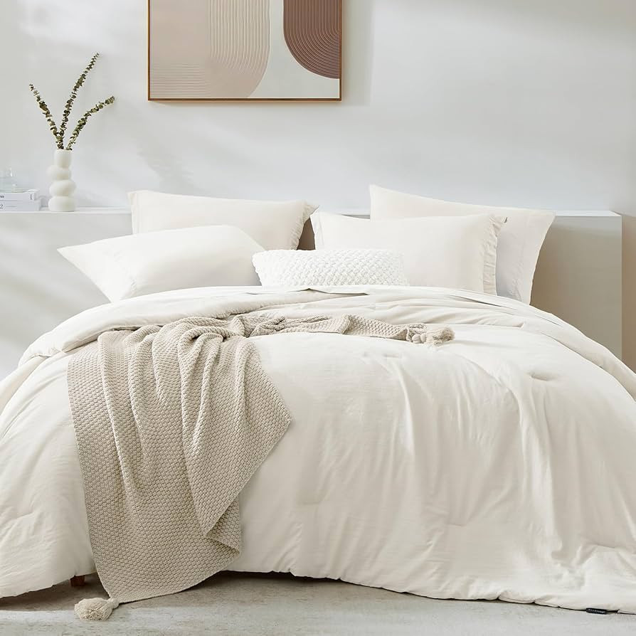 WRENSONGE Queen Comforter Set - 7 Pieces White Soft Bed in a Bag Queen with Fitted Sheet, Flat Sh... | Amazon (US)