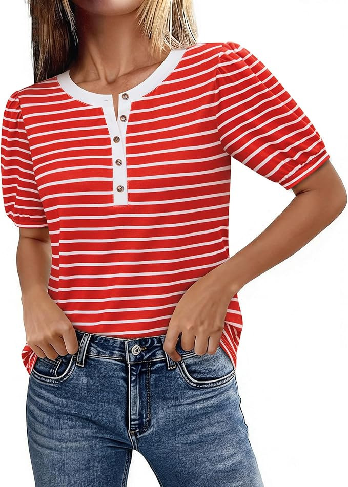 Striped Shirt Women Puff Short Sleeve Button Up Henley Tops V Neck Blouses Dressy Casual Summer O... | Amazon (US)