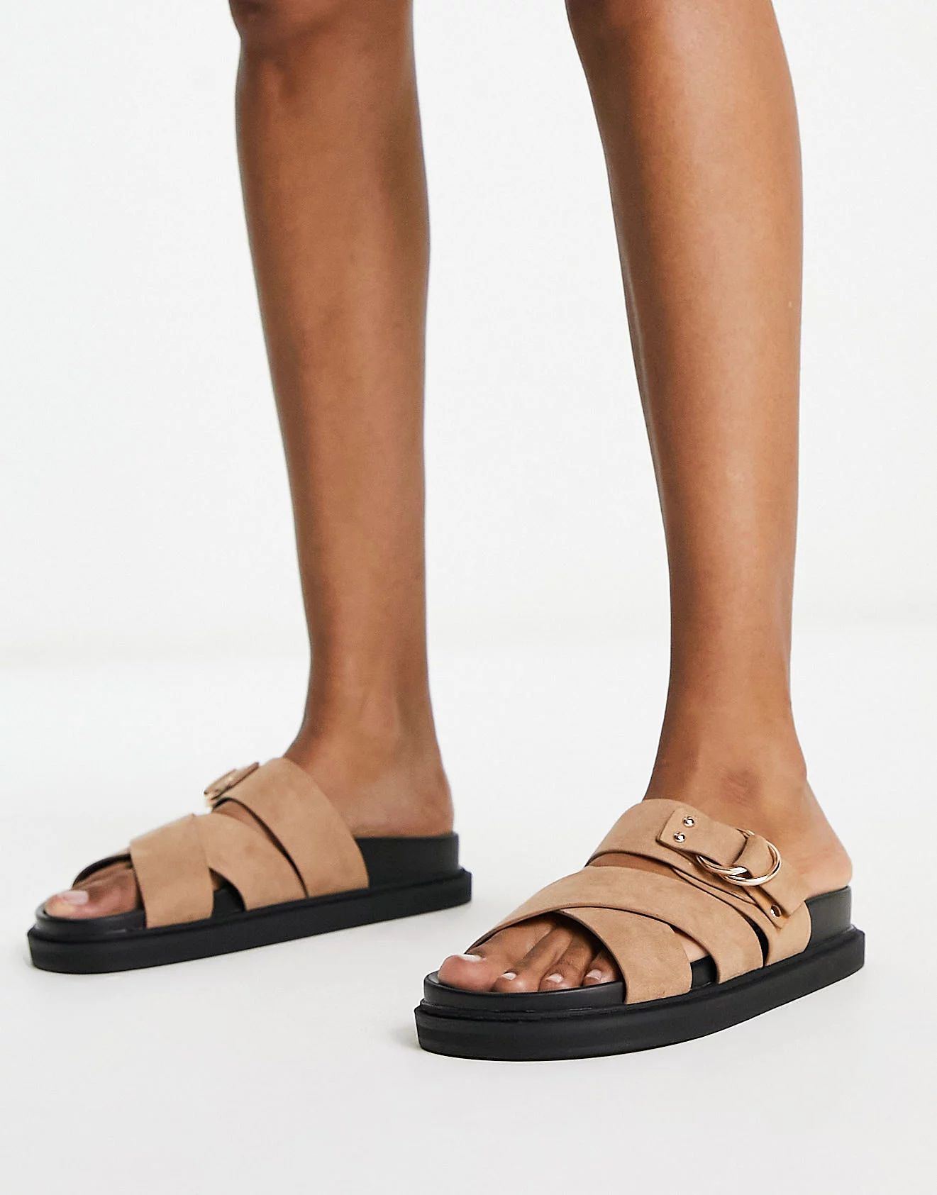 schuh Tamara cross strap flat sandals in tan | ASOS (Global)