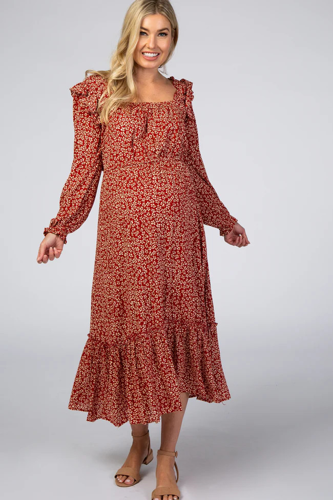 Rust Floral Square Neck Ruffle Long Sleeve Maternity Midi Dress | PinkBlush Maternity