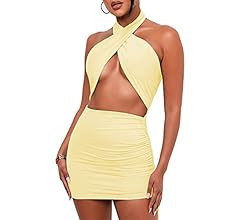 Amazon.com: Lizstud Women Sexy Club Halter Criss Cross Hollow Out Ruched Sleeveless Mini Bodycon ... | Amazon (US)