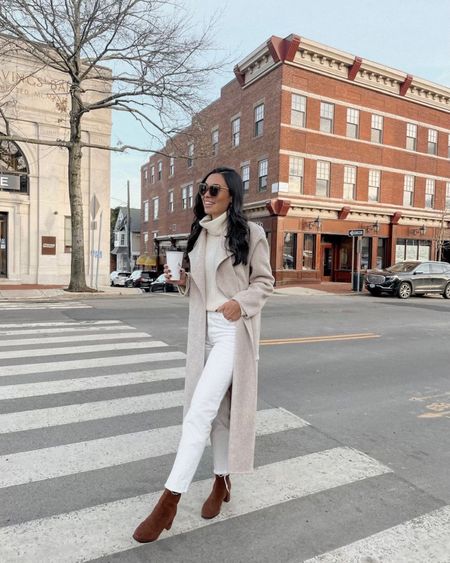 Kat Jamieson of With Love From Kat wears a winter outfit. Neutral coat, turtleneck sweater, white jeans, brown booties, sunglasses, classic style. 

#LTKSeasonal #LTKshoecrush #LTKstyletip