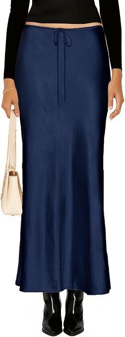 Women's Drawstring Satin Maxi Skirt High Waist Silk A Line Flowy Long Skirts | Amazon (US)