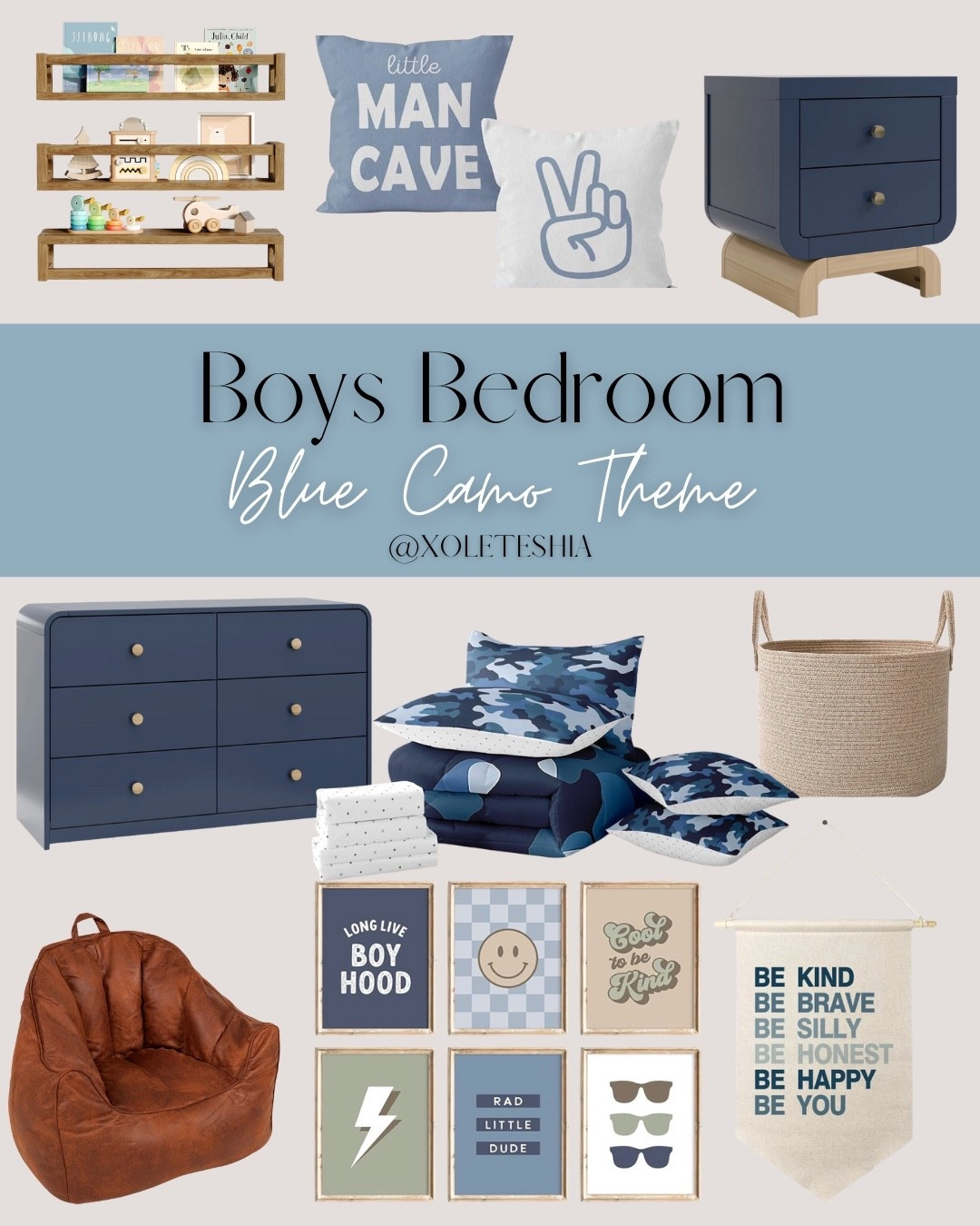 Blue camo boys bedroom decor with modern furniture, cozy bedding, and playful wall art. Perfect boys room inspiration for toddlers and kids with a clean, neutral style that grows with them.

#LTKmomlife #LTKKids #LTKHome