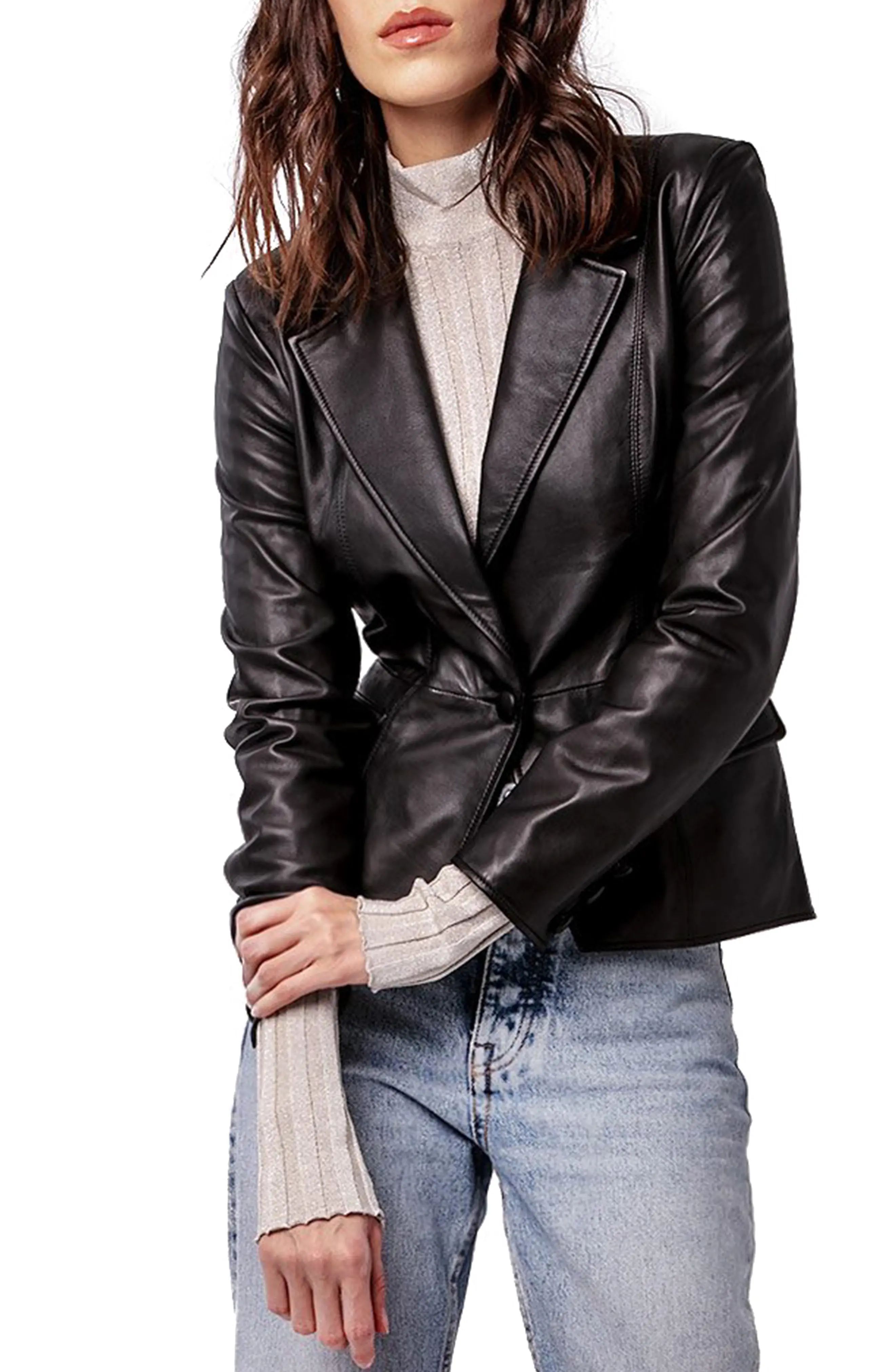 AS by DF Bianca Lambskin Leather Blazer, Size Small in Black at Nordstrom | Nordstrom