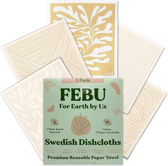 FEBU Swedish Dishcloths for Kitchen | 5 Pack Neutral Swedish Dish Towels | Reusable Paper Towels ... | Amazon (US)