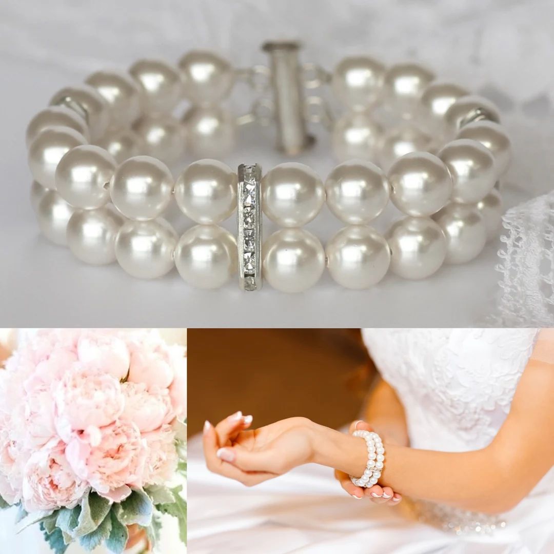 Double Pearl Bridal Bracelet, Swarovski Pearl 2 Strand Bridal Cuff, Pearl Bridal Jewelry, Pearl B... | Etsy (US)