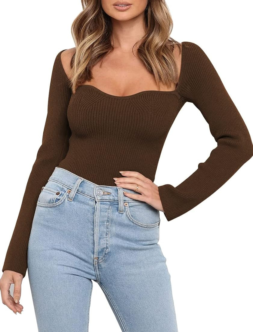 LILLUSORY Women's Sweetheart Neckline Sweater 2023 Falll Ribbed Knit Slim Fit Pullover Tops | Amazon (US)