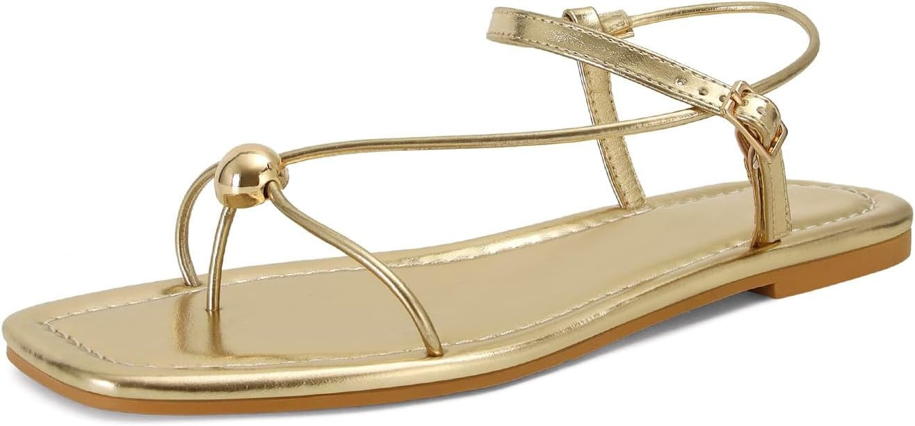 Strappy Flat Sandals for Women Comfortable Open Square Toe Slingback Sandals Dressy Beach Thong F... | Amazon (US)