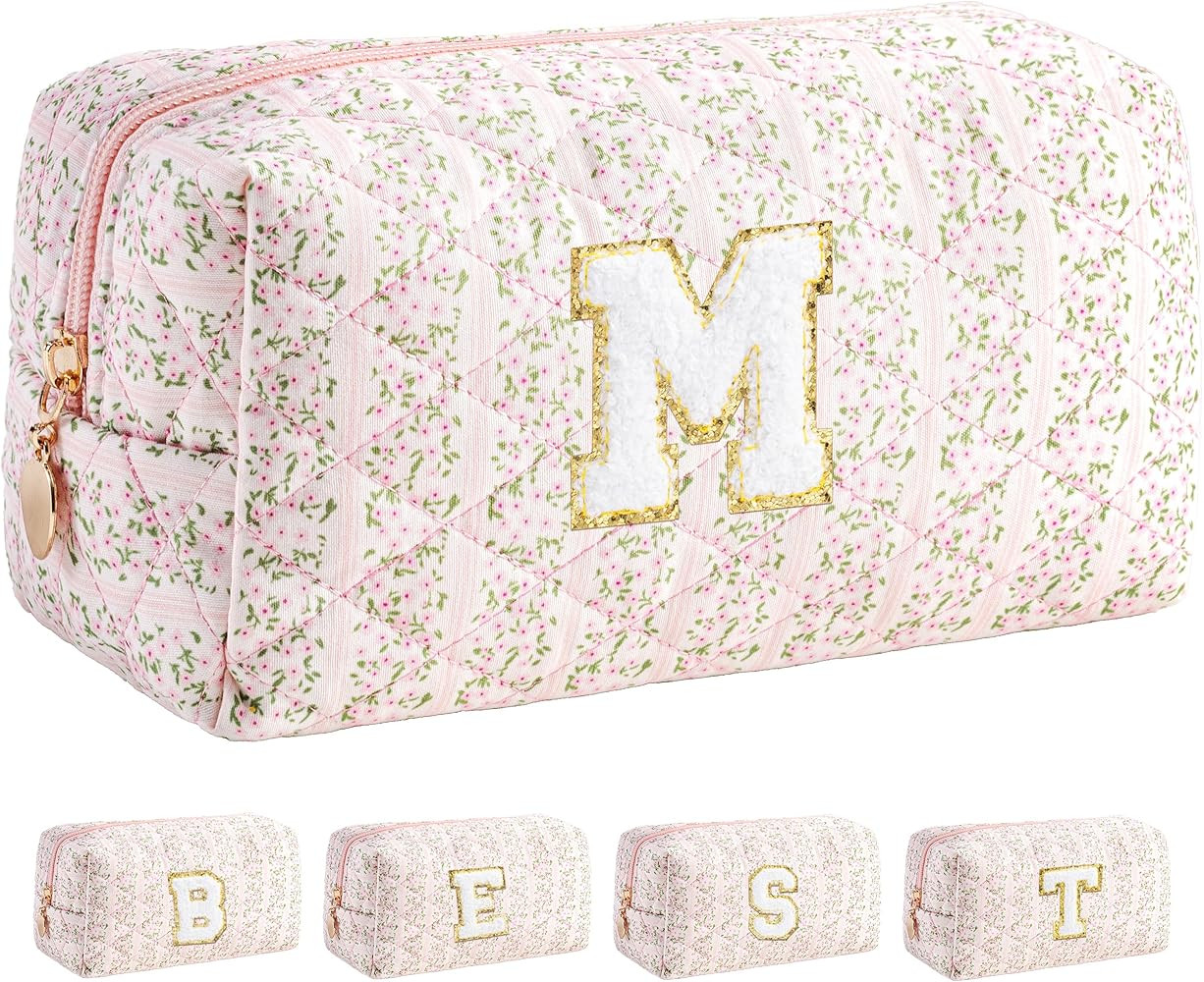 HBselect Initial Makeup Bag for Women, Pink Cosmetic Travel Toiletry Bag, Flowers Zipper Make Up ... | Amazon (US)