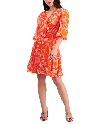 Taylor Petite Printed Chiffon Belted A-Line Dress - Macy's | Macy's