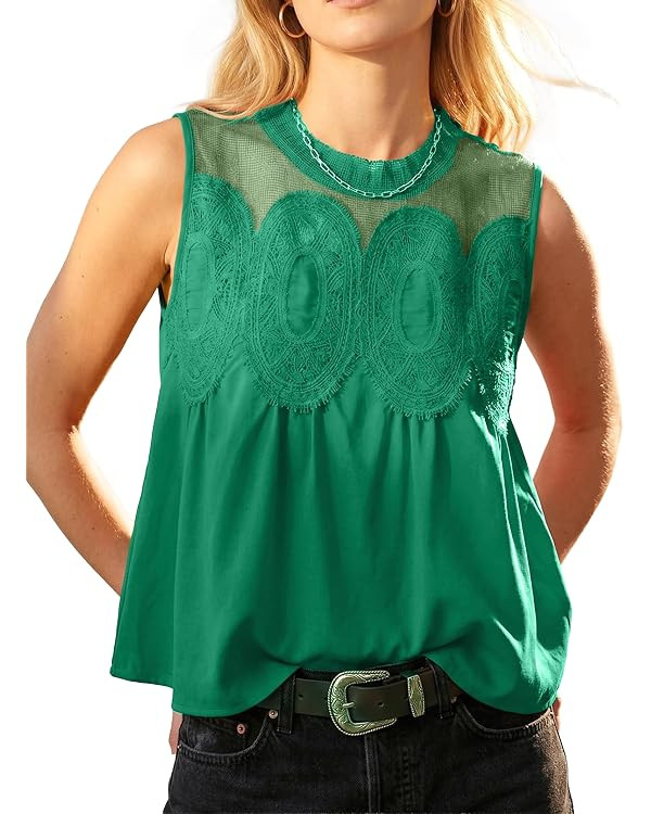 Funlingo Womens Lace Tank Top Sleeveless Flared Mesh Swing Blouse Dressy Casual Babydoll Shirts E... | Amazon (US)