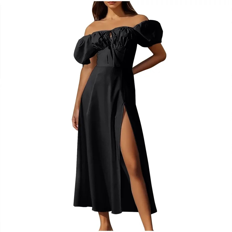 Women's Puff Sleeve Dress, Ruched Tie Squares Neck Maxi Dress Elegant off Shoulder Split Long Dre... | Walmart (US)