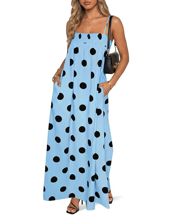 Wenrine Womens Summer Polka Dot Maxi Dress Casual Spaghetti Strap Smocked Loose Vacation Beach Dr... | Amazon (US)