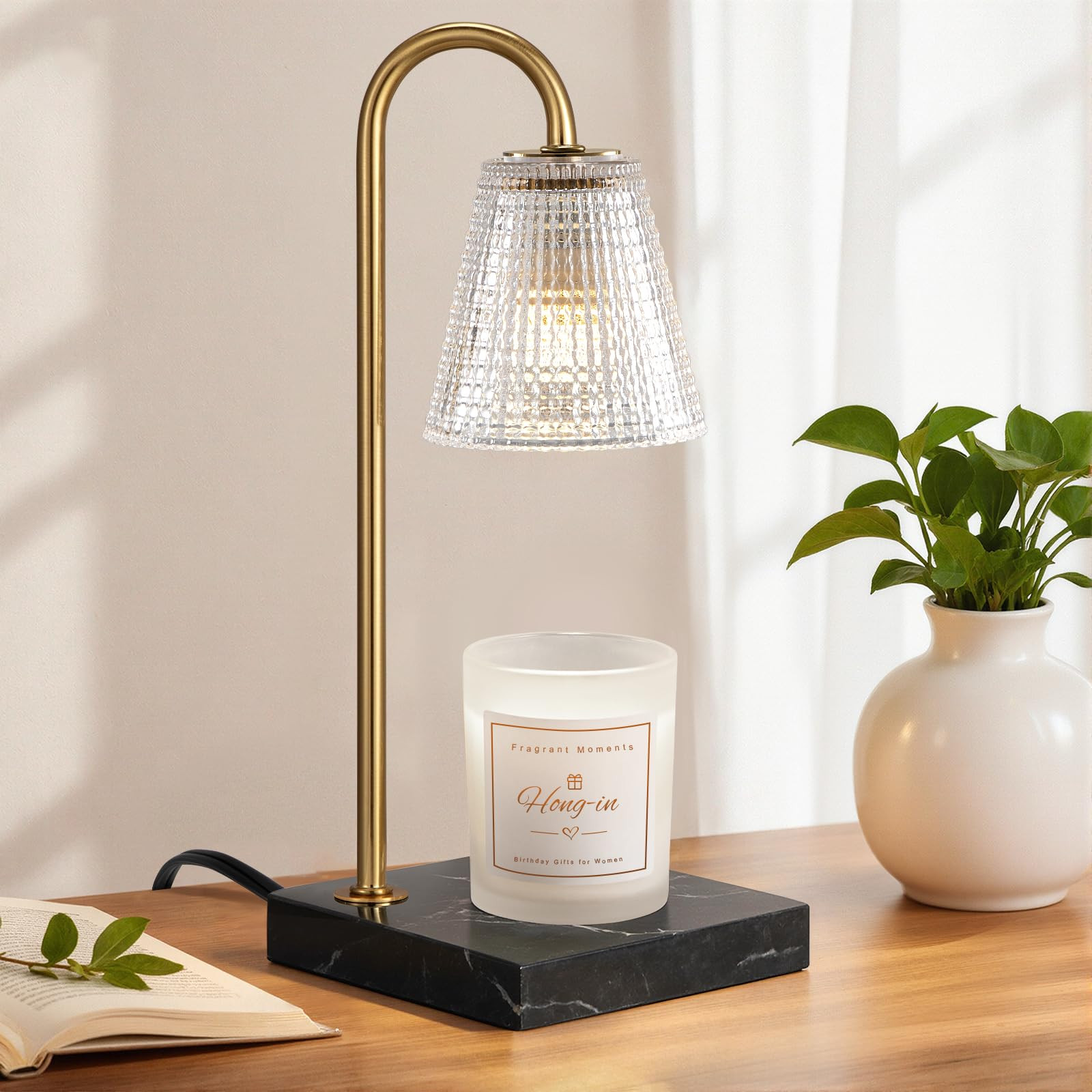 Hong-in Modern Gold Candle Warmer Lamp with Black Marble Base, Glass Shade Electric Candle Melter... | Amazon (US)