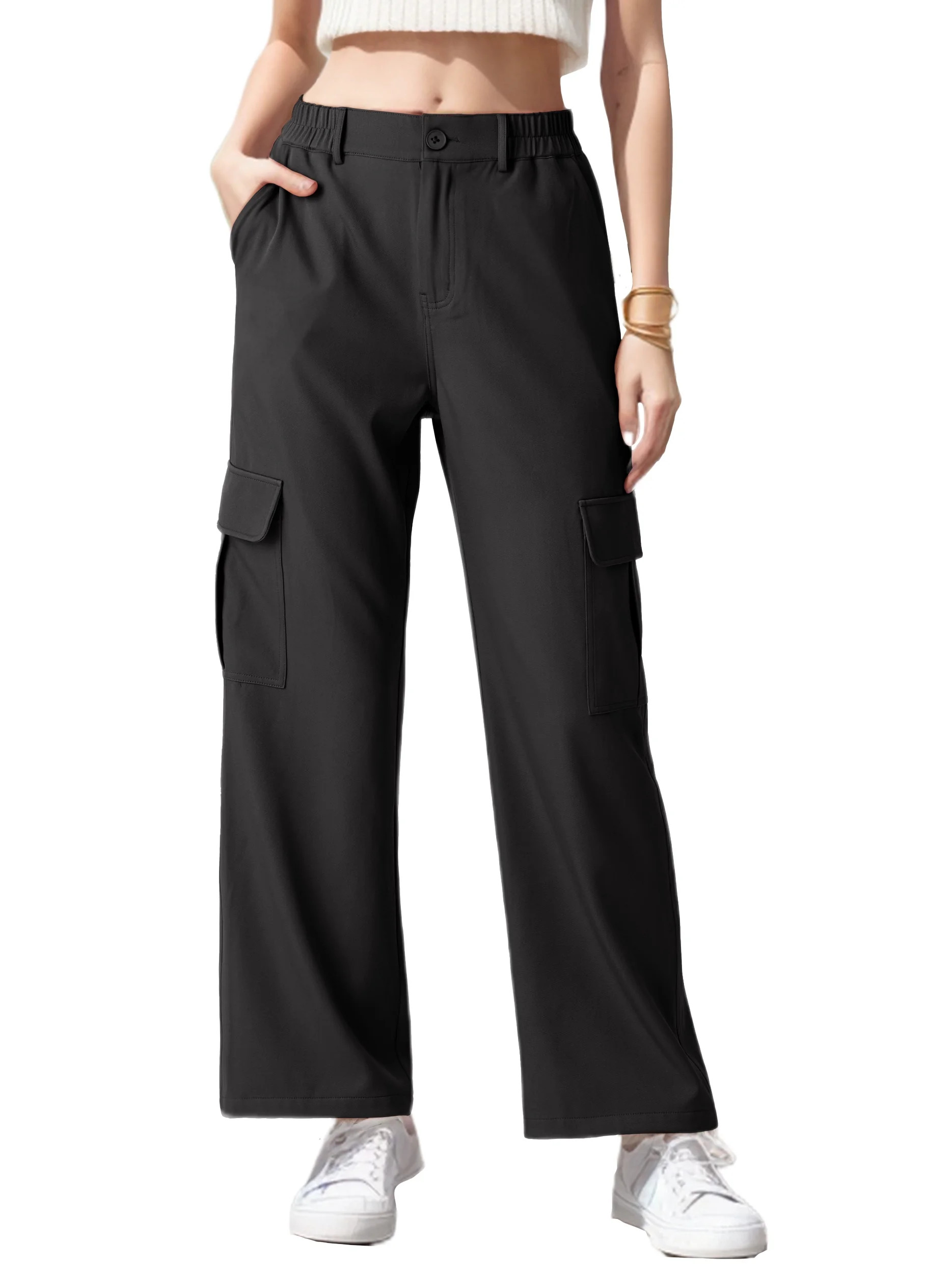 GIRUNS Womens Cargo Pants High Waist Trousers Black M With Pockets Wide Leg Pants Loose Stretchy ... | Walmart (US)