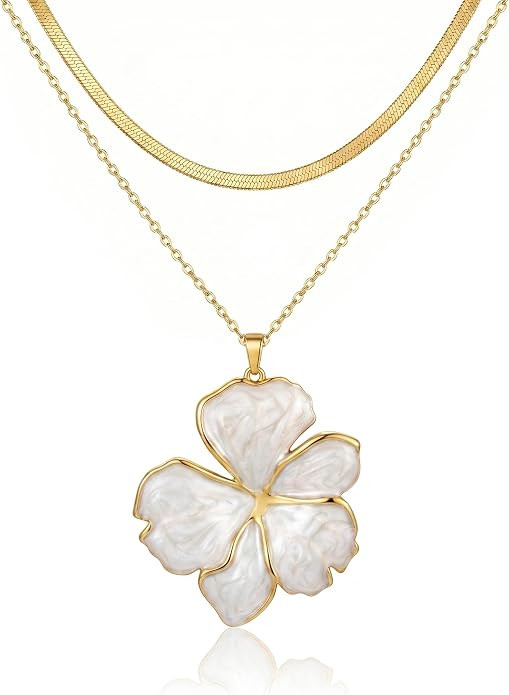 Gmai Flower Necklace for Women 18K Gold Plated Tarnish Layered Double Chain Floral Pendant Neckla... | Amazon (US)