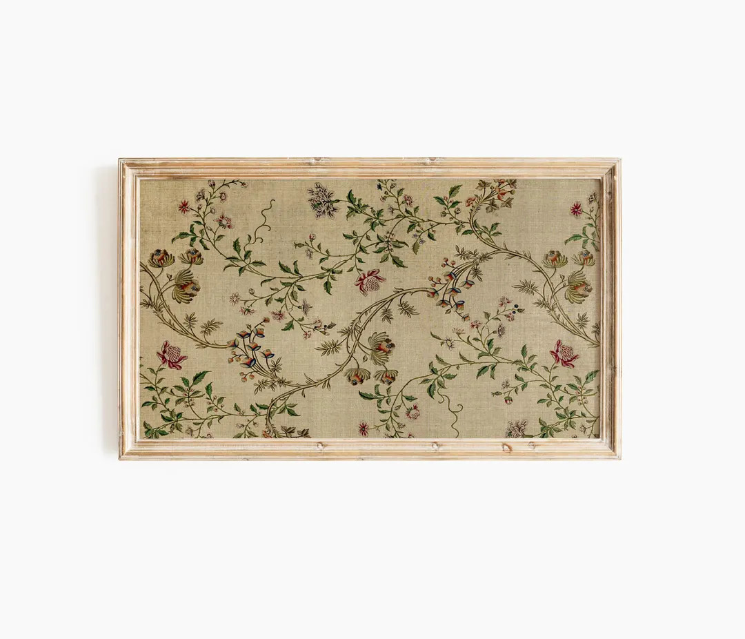 Antique Silk Textile Design Wall Art | Vintage Samsung Frame TV Art | Neutral Vines Tapestry Patt... | Etsy (US)