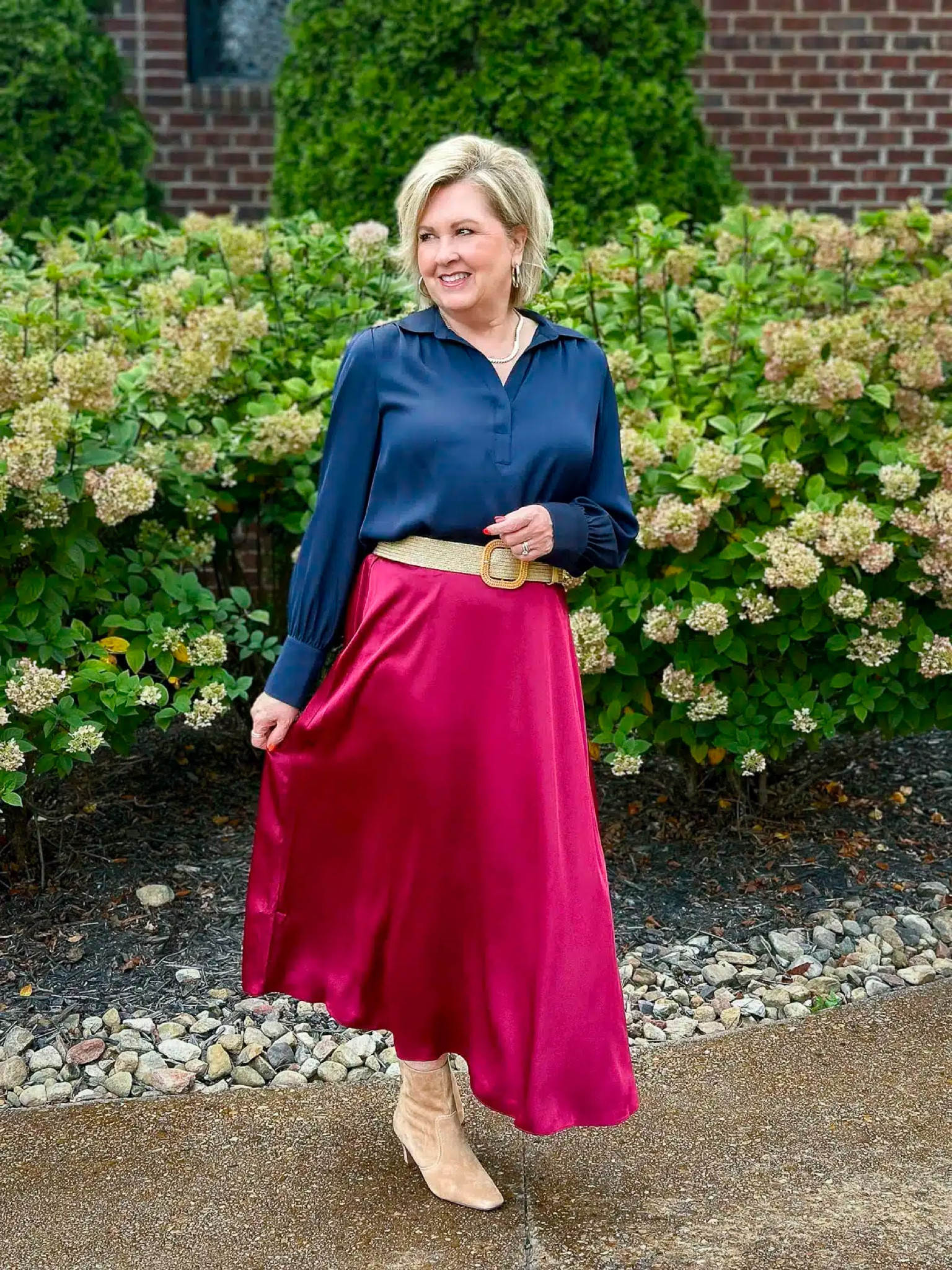 I love the feminine look of this satin outfit. The navy satin blouse and the gorgeous satin midi skirt could be worn for work, a date night, church, or an event, to name only a few places. I paired it with boots for fall, and I’ll add sandals or heels for spring and summer.

#midiskirt #satin #lovechicos 

#LTKFindsUnder100 #LTKFindsUnder50 #LTKOver40
