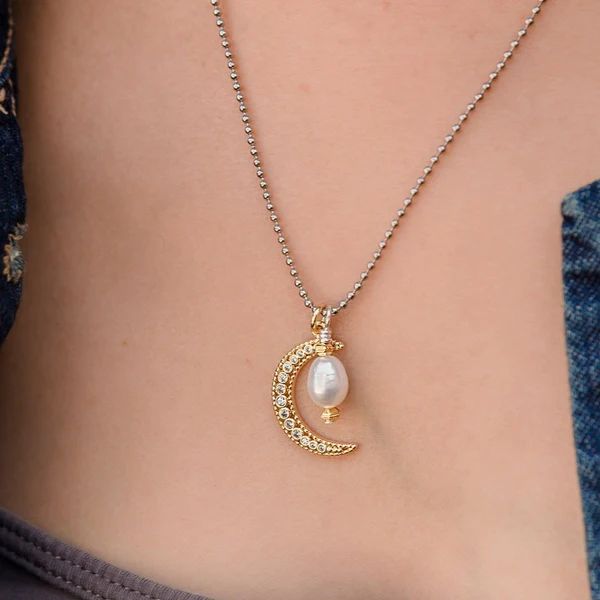 Moon Shadow Adjustable Necklace w Pearl +Cubic Zirconia Moon | Lizzy James Jewelry